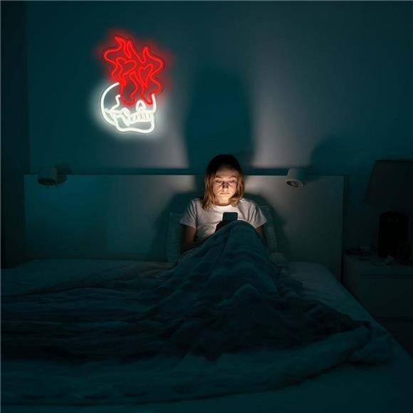 VIVID Neon LED Custom Skull with Flames Wall Sign Bright White and Red Sign - Picture 4 of 6